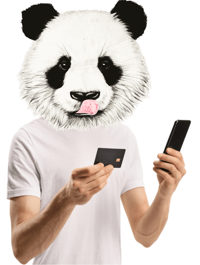 Man with panda head using a credit card